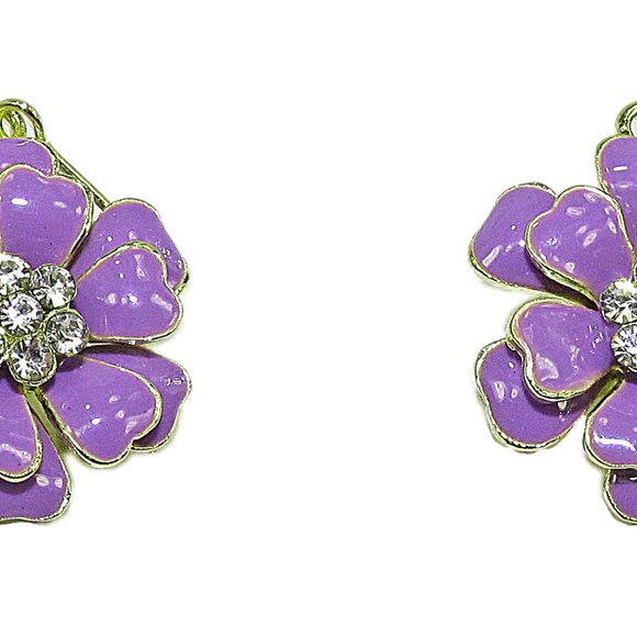 Purple flower necklace and earring set with enamel and clear crystals - Picture 8 of 8